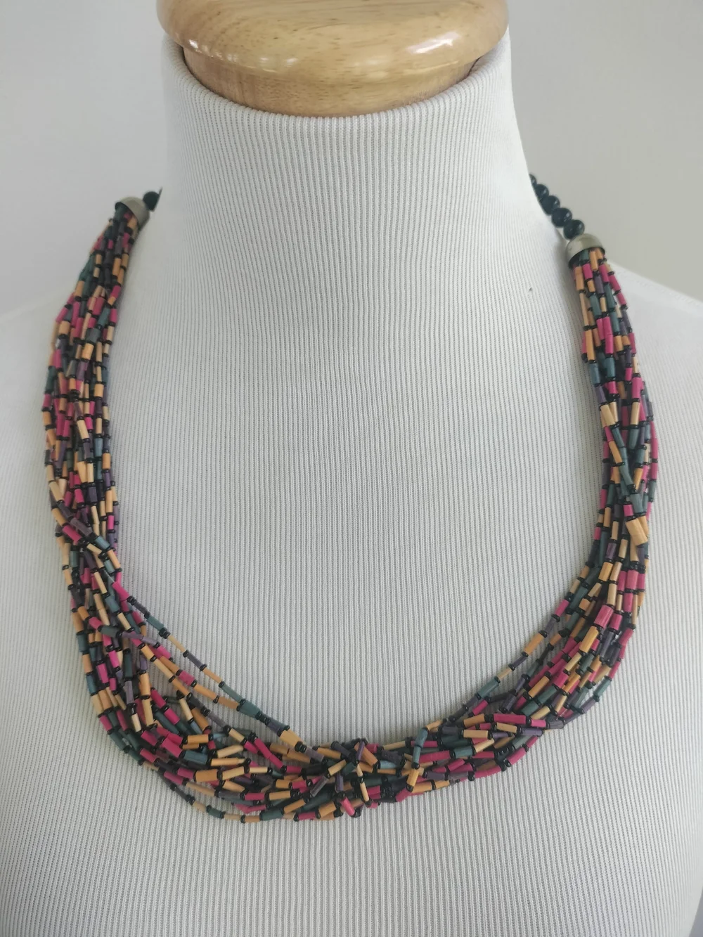 Multistrand Pink, Black & Blue Beaded Necklace Vintage 24
